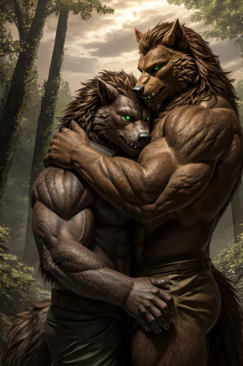 Furry werewolf green eyes hugging a young man with brown hair brown eyes in the background of a forest with cloudy sky 
