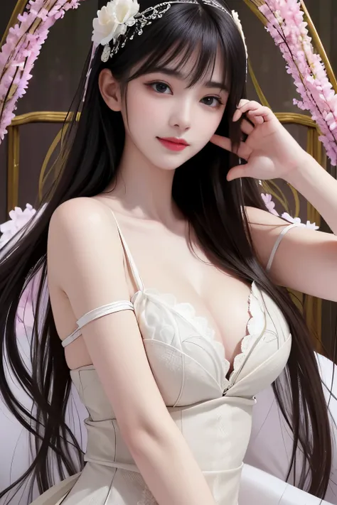 best quality、tmasterpiece、ultra high resolution、actual、1 girl、Glossy skin、((Surreal detailed))、Global photo、8K、Highly complex details、shinning eyes、Black straight hair、highkey、pureerosfaceace_v1、A smile、Elegant pose、plump breasts、White ultra-thin transpare...