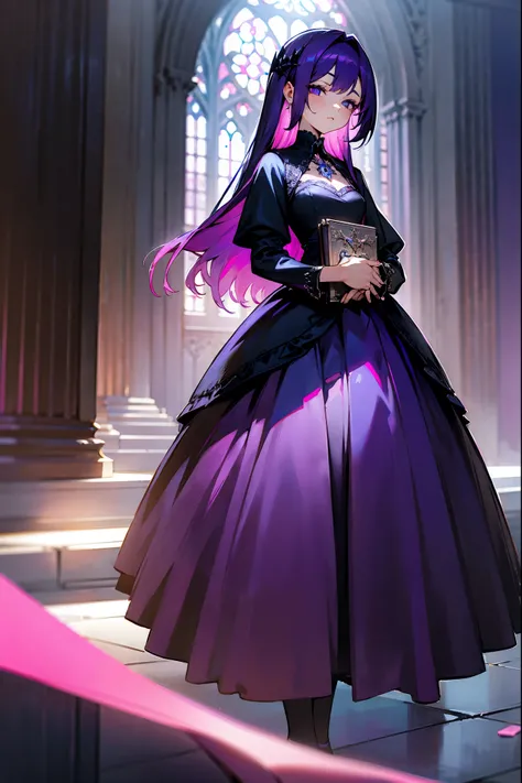 1female, purple hair, ombre (fading to pink), wearing a dark blue dress with silver accents, holding a book, standing in a gothic library, detailed face, hands to the side