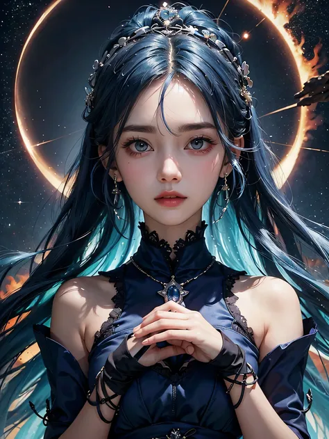 Ultra HD、A beautiful blue-haired character、Upper Body、Big eyes、Big eyes、Round eyes、fortune teller、Holding up the blue crystal、Red burning cheeks、Night scene with starry sky background、Wearing a gorgeous dress、Subtle details、A fantastic atmosphere、Anime sty...