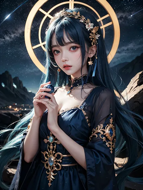 Ultra HD、A beautiful blue-haired character、Upper Body、Big eyes、Big eyes、Round eyes、fortune teller、Holding a blue crystal in both hands、Red burning cheeks、Night scene with starry sky background、Wearing a gorgeous dress、Subtle details、A fantastic atmosphere、...