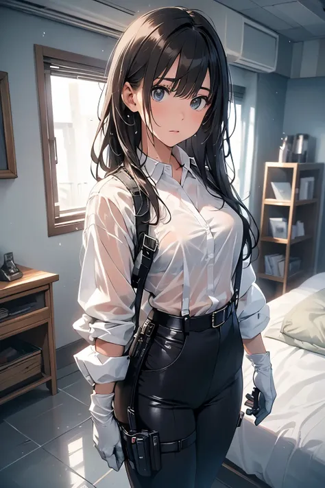 1 female, , high quality, masterpiece, Ultra-high resolution, , Cinema Lighting, , , And the suspenders with the cranes flying　　　Large Breasts　 　 　　　　Small face　 　　　holster　　　　　　　 Lying in bed　Looking up　　　　Sweat 　　　belt　summer　脇Sweat 　Black Hole Gloves　su...