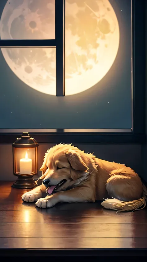 Sleeping dog, golden retriever, candle light, full moon seen through a window