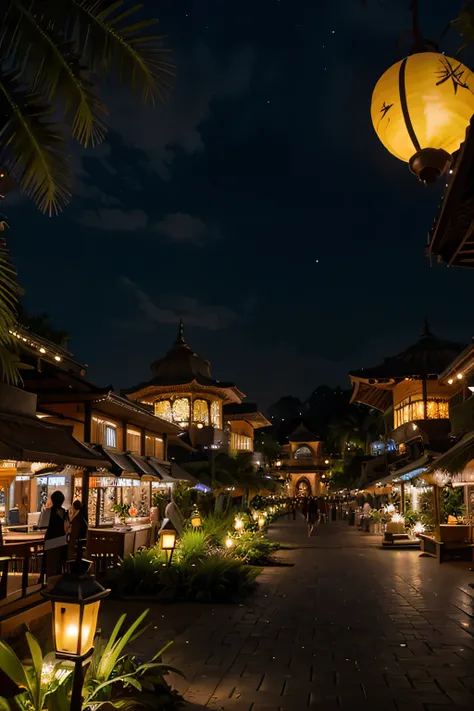 full nighttime view for an Urban tropical village, hyperrealistic, hanging gardens, lanterns, southeast asian architecture, megastructure, large grand bazaar, masterpiece, plaza,
