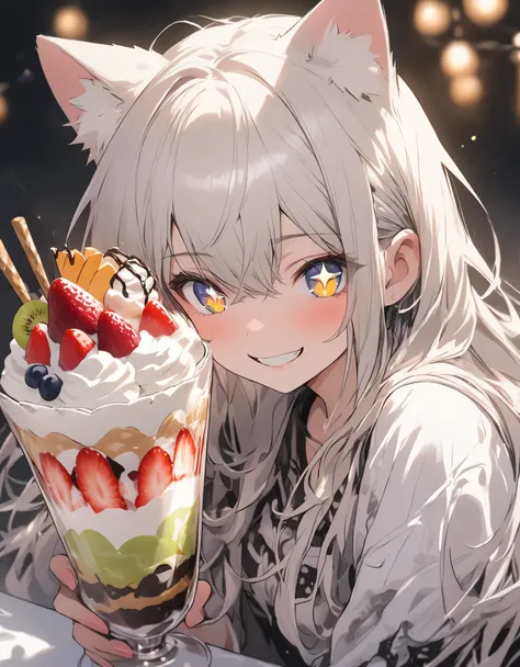 masterpiece、girl、White Hair、Long Hair、Sparkling eyes、Cat ear、smile、(((Big parfait)))、Focus on the face

INFO
