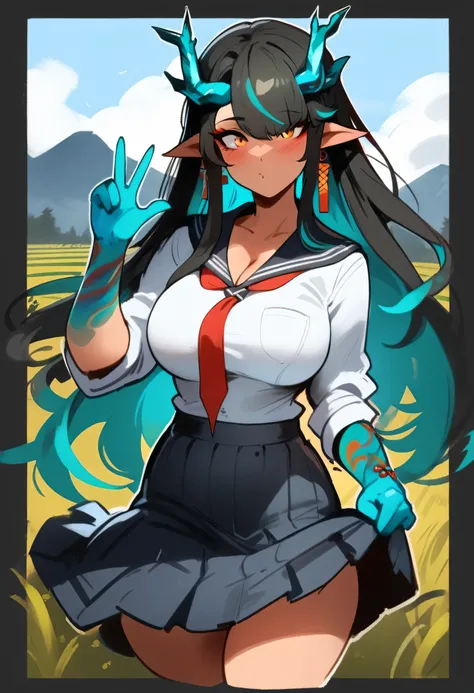 1girl, dusk (arknights), arknights  masterpiece, best quality, newest, orange eyes, black hair, horns, ///// by nyantcha, , by khyle, cutesexyrobutts   turquoise hands, hands and forearms turquoise, , ,large breasts, black pleated skirt, black sailor colla...