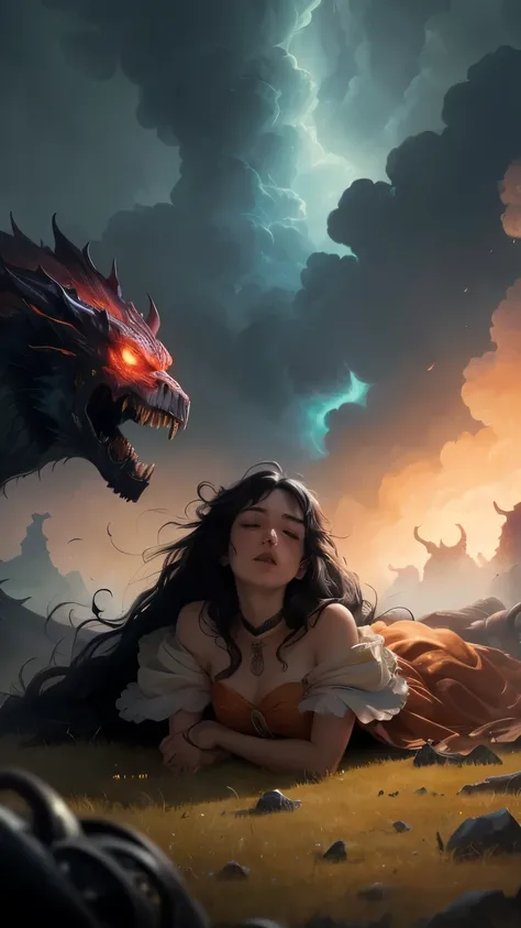 ((best quality)), ((masterpiece)), (detailed), A digital illustration of a woman lying dead and motionless on the ground surrounded by monsters with a dark and stormy background. She is wearing a peach-colored princess dress and has long black hair. 