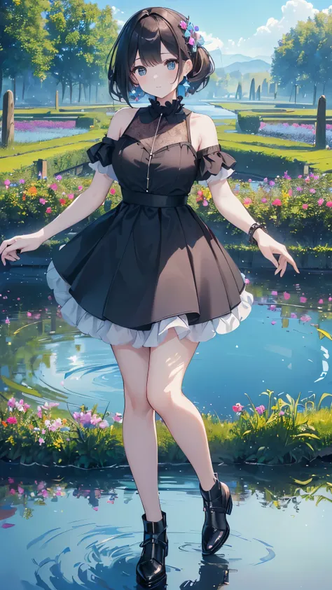 A woman wearing a short skirt and a black top is standing in front of the water　((masterpiece、4K、8k(masterpiece, Highest quality:1.6), Thighs, beautiful girl, garden, blue sky, Looking at the audience, Narrow waist, Official Art, 生写Genuine, can&#39;can&#39...