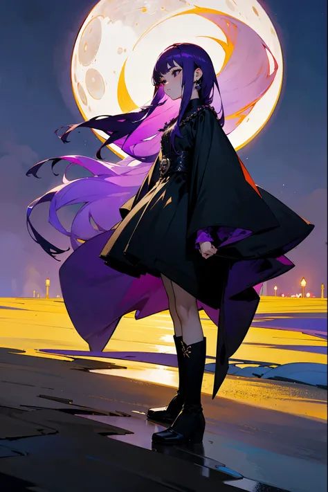 1female, long purple hair with ombre ends, black eyes, wearing a black dress with silver embroidery, black boots, standing on a moonlit beach, holding a lantern, looking pensive.