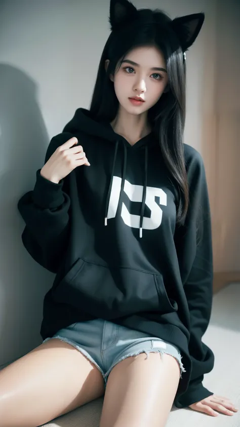 1 girl，camera looking down upon，huge ，black hoodie，no shorts，no pants，panties，thigh，black hair，cat ears,