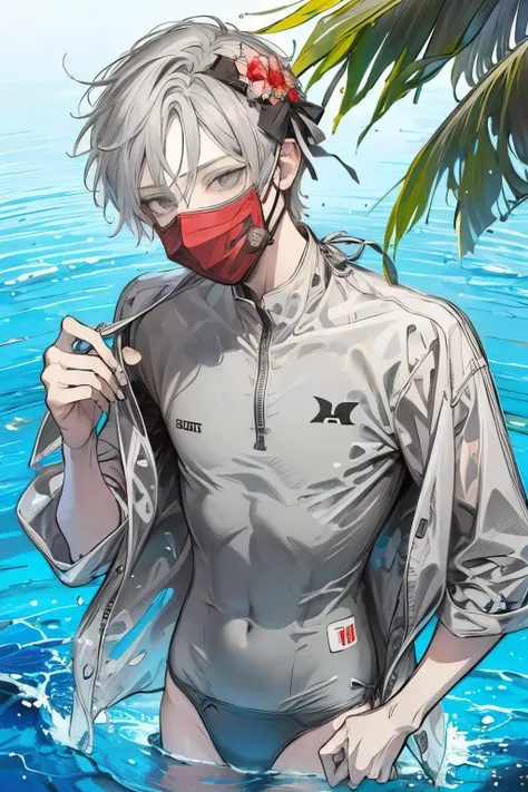 Beautiful young man, Lightblue-haired, ((Gray eyes)),(short wave hair:1.2), (Face mask:1.2),((swimsuit costume:1.2)),(water park background),High quality, amount of drawing, pixiv illustration,red-cheek.