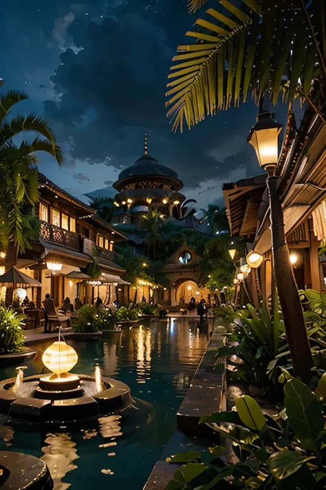 Full side view for an Urban tropical village, hyperrealistic, hanging gardens, southeast asian architecture, megastructure, large grand bazaar, masterpiece, plaza, fountain, night time, lanterns
