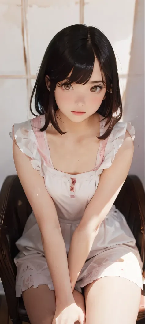 (Traditional Media:1.2), (2D:1.2), (center:1.3), figure, (((masterpiece))), (((16-year-old girl))), From below, Sitting in a chair, High resolution, Absurd, Dark Background, Very good, Realistic, Real, humid, blush, No sleeve, like々New Appearance, (((Embar...