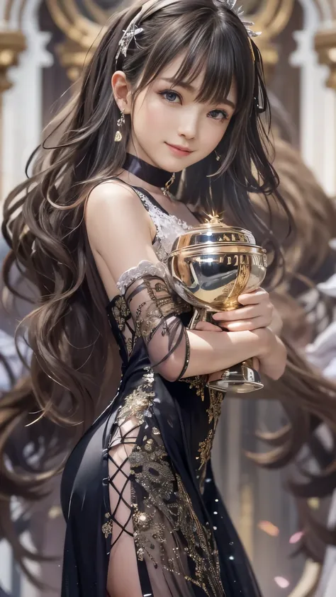 Tears of joy, (Evening Dresses), (Holding up the trophy:1.5), Background is the stage, DOAXVV_マリー・ローズ, 1girl, black choker, uhd, retina, masterpiece, ccurate, anatomically correct, textured skin, super detail, high details, high quality, best quality, high...