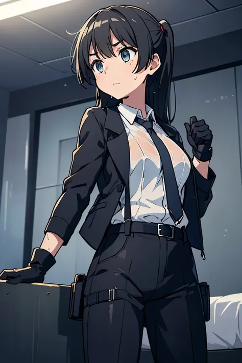 1 female, , high quality, masterpiece, Ultra-high resolution, , Cinema Lighting, , , And the suspenders with the cranes flying　　　Large Breasts　 　 　　　　Small face　 　　　holster　　　　　　　 Lying in bed　Looking up　　　　Sweat 　　　belt　summer　脇Sweat 　Black Hole Gloves　su...