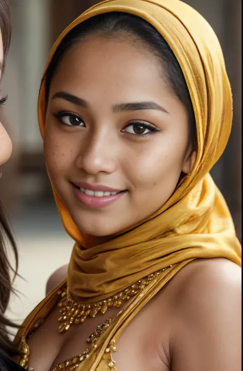 ((mommy and her girl)), golden bellydancer, cleavage,  beautiful teen javanese girl with hijab and few soft freckles, mole below eyes, detail skin texture, smile, , dramatic light , Rembrandt lighting scheme, (hyperrealism:1.2), (8K UHD:1.2), (photorealist...