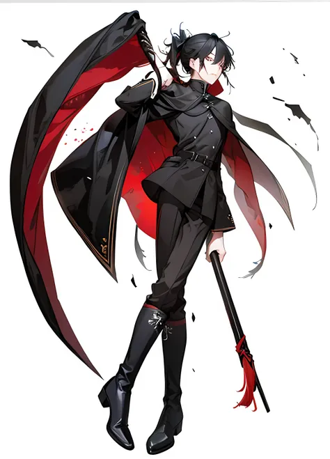 Highest quality、Highest quality、Are standing、whole body、Tall men、Long legs、A simple black cape with red lines、Simple black uniform、Brown ponytail hair、man with good style、Black boots、Has a big Grim Reaper scythe