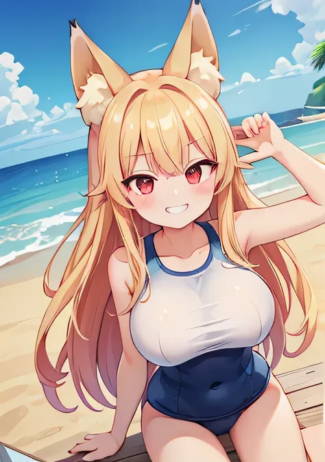 8k、Highest quality、high resolution、Big Breasts、School Swimsuit、Fox ears、Long blonde、Red Eye、Ocean、Grinning