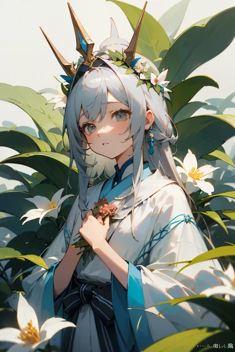 Ridiculous Resolutions, High resolution, (masterpiece:1.4), Hyper Detail, 1 female, Gray Hair、nature、花や草木を操るmagicを使う、magic、Dressed in white、Fantasy、god々Shii、Flower crown on head、Wearing accessories with flowers and plants