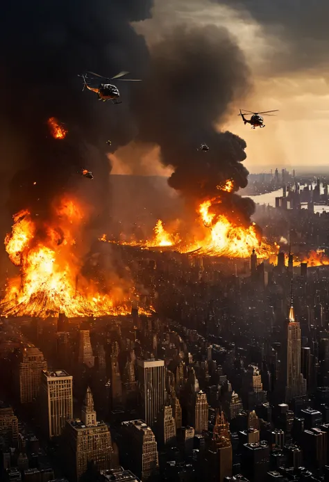 A Cinematic scene from above of Many Military Helicopters made dogfight with A Gigantic horror Fire Dragon that attack a City of New York from the sky , The road , The City and Sky creeper were destroyed, everywhere burned under fire, Realistic cinematic p...