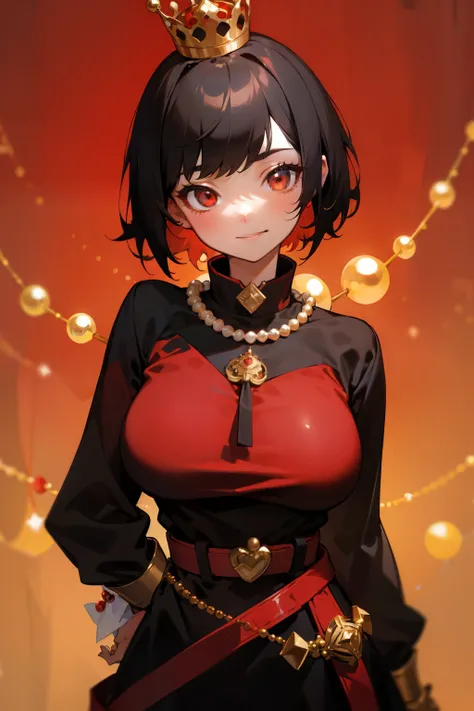 Cute girl, short black hair, smile, gold crown with pearls and decorations, red collar, red wide collar, black dress with long sleeves, big breasts, red belt, red decoration on the waist