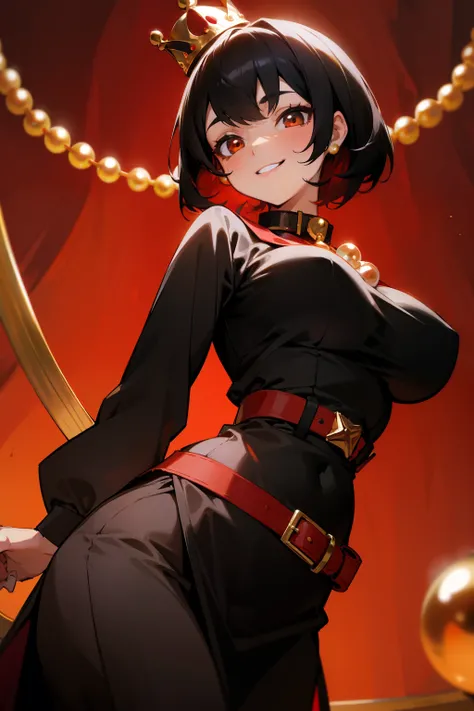 Cute girl, short black hair, smile, gold crown with pearls and decorations, red collar, red wide collar, black dress with long sleeves, big breasts, red belt, red decoration on the waist