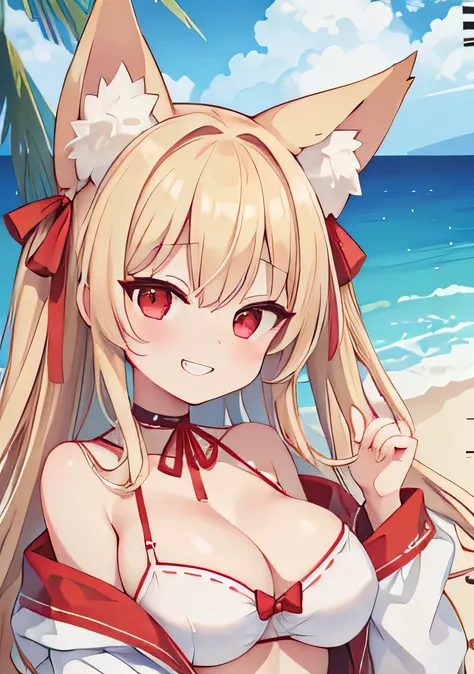 8k、Highest quality、high resolution、Big Breasts、Cleavage、White swimsuit with blue edges、Red ribbon、choker、Fox ears、Long blonde、Red Eye、Ocean、Grinning