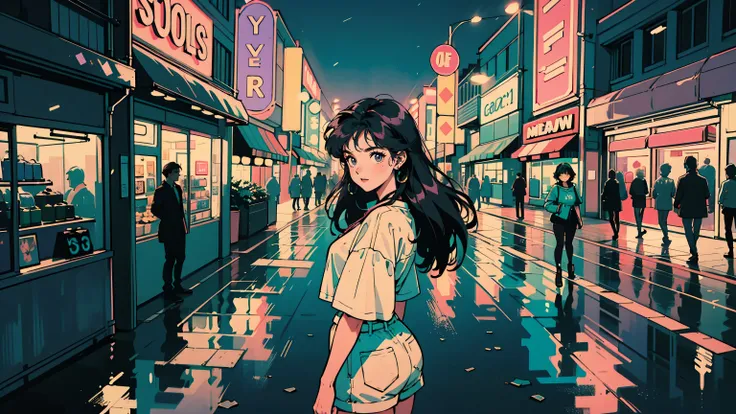 A vibrant 1980s neon-lit street at night, awash in a spectrum of colors. A 21-year-old girl with long hair and prominent headphones stands on the sidewalk, her white outfit a stark contrast to the kaleidoscopic surroundings. Shes looking back at the viewer...