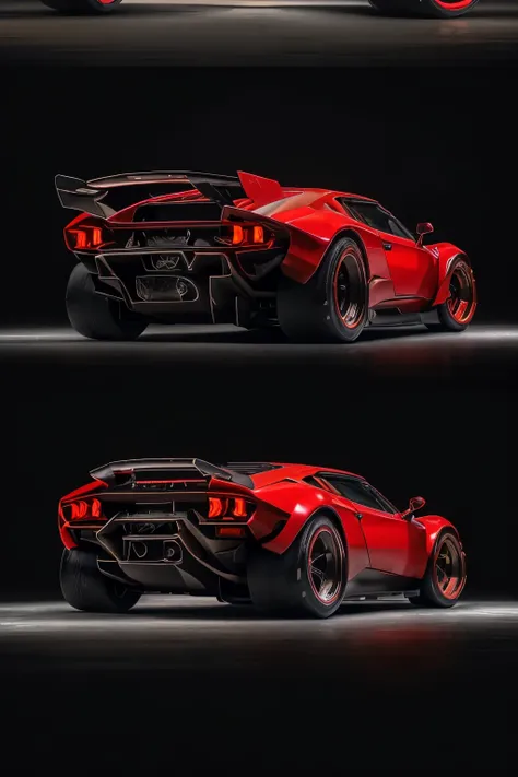 A fusion of Lamborghini Countach and Ferrari Dino, ((deep red)), ((mosaic of lights)), ((dotted curved lines)), ((red velvet inner folder)), ((anchored rear bumpers)), ((impeccable exterior)), ((Retro Futuristic lines)), ((black wheels with wings on the ri...