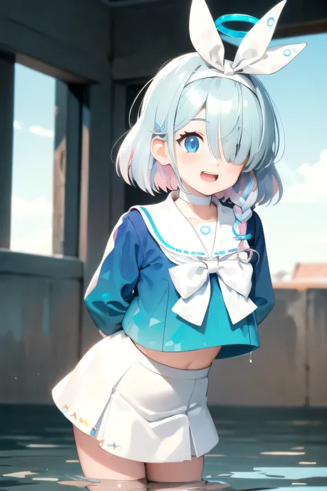 (masterpiece, best quality, highres, ultra detailed, detailed background:1.2), (beautifull, detailed face, detailed eyes), arona, 1girl, white hairband, bow hairband, halo, mechanical halo, short hair, single braid, blue eyes, two-tone hair, multicolored h...