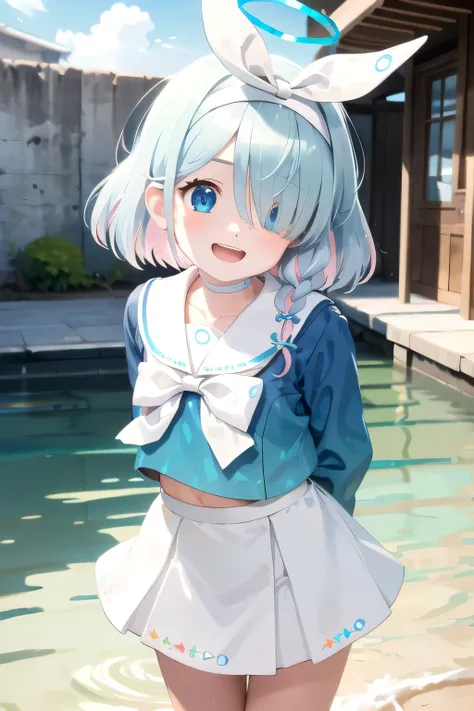 (masterpiece, best quality, highres, ultra detailed, detailed background:1.2), (beautifull, detailed face, detailed eyes), arona, 1girl, white hairband, bow hairband, halo, mechanical halo, short hair, single braid, blue eyes, two-tone hair, multicolored h...