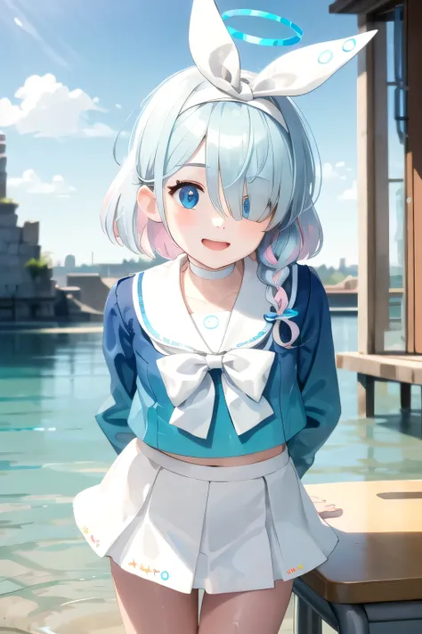 (masterpiece, best quality, highres, ultra detailed, detailed background:1.2), (beautifull, detailed face, detailed eyes), arona, 1girl, white hairband, bow hairband, halo, mechanical halo, short hair, single braid, blue eyes, two-tone hair, multicolored h...
