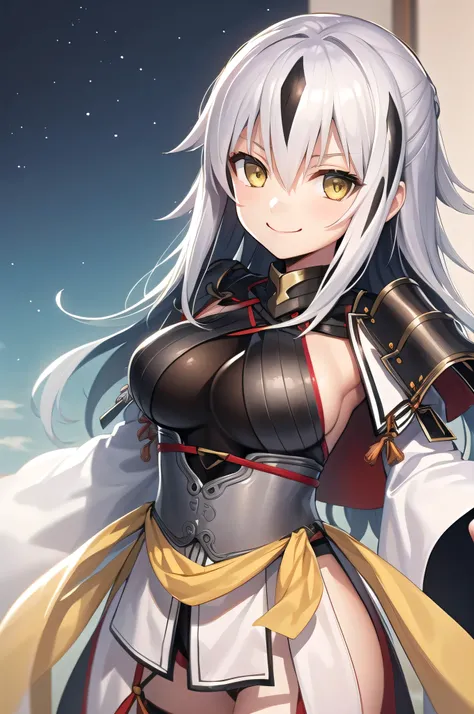 (masterpiece, Highest quality:1.2)、1 female、Kagetora Nagao、solo、Wicked Smile、Cowboy Shot、View your viewers、Silver Hair、Long Hair、Yellow Eyes、Female focus、Black Shirt、Shoulder Armor、capelet、Big Breasts、A woman with very large breasts、Wide sleeves、Yellow sas...