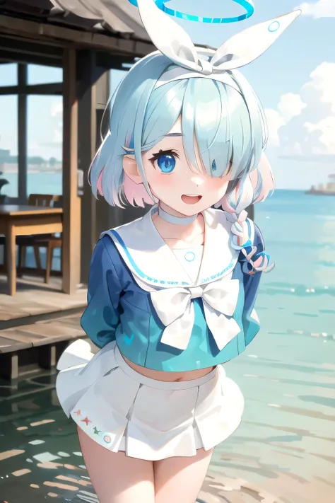 (masterpiece, best quality, highres, ultra detailed, detailed background:1.2), (beautifull, detailed face, detailed eyes), arona, 1girl, white hairband, bow hairband, halo, mechanical halo, short hair, single braid, blue eyes, two-tone hair, multicolored h...