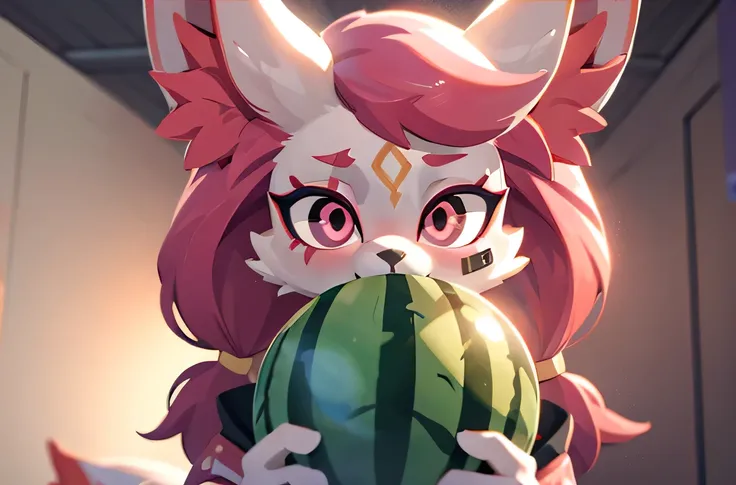 kimiko, furry female anthro, fox girl, white body fur, Pink hair, solo, body fur, (best quality), cinematic lighting, masterpiece, perfect hair, eating watermelon