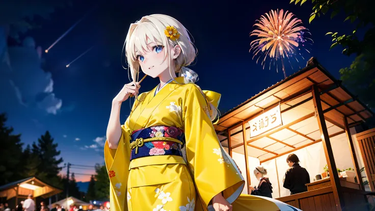 Arisburg, Alice Zuberg, bangs, blue eyes, blonde, Hair between the eyes, Long Hair,Flower Hair Ornaments,Tie your hair back, hair band, white hair band,Yellow kimono,happy smile,smile, Open your mouth,firework in the night sky、firework,場所はfirework大会,Time i...