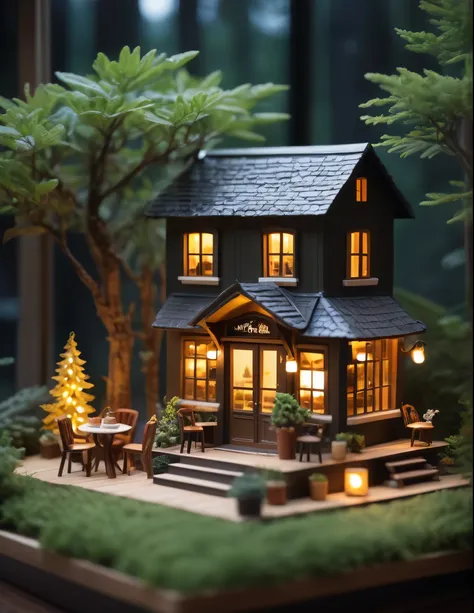 (miniature house),(exquisitely crafted),in the forest,(cute coffee shop),light production,night,warm light