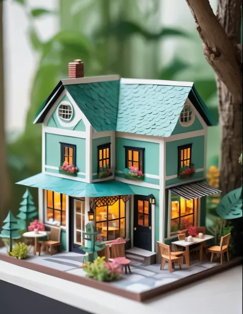(Miniature House),(Exquisitely crafted),in the forest,(Cute and colorful coffee shop),Paper Craft