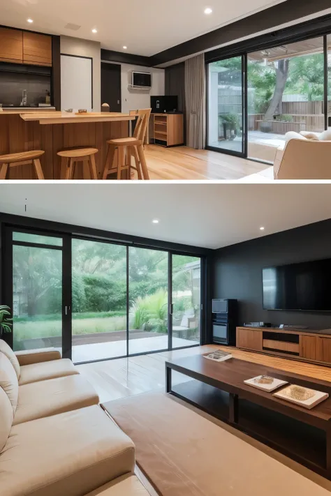 Modern and sophisticated home design。Wide々The living room is、Large windows let in natural light、The interior is decorated in white and wood tones.。The dining area adjacent to the living room、There is an island kitchen、High-end appliances and plenty of stor...