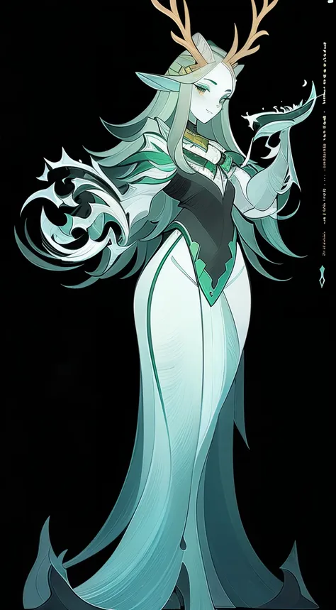 1 girl，Druid，green，antlers，Standing full body，solo，Clear facial features，Clean lines design，Transparent black background，Character portrait，Fantasy concept art，(masterpiece，Top quantity，Best quality，Ultra-high resolution，Clear facial features，beautiful eye...