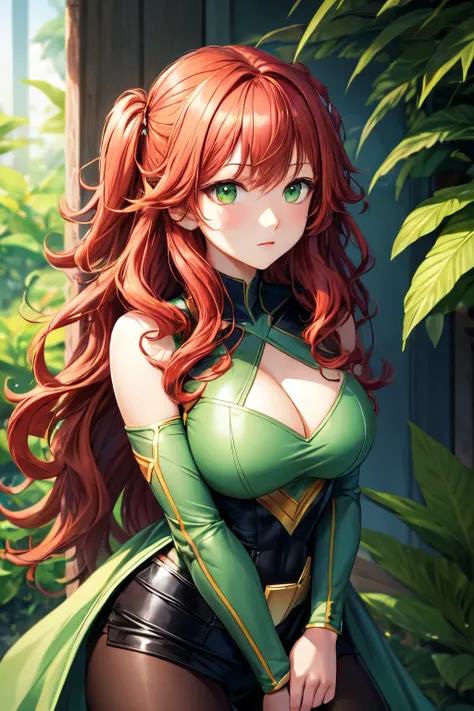 beautiful woman, wavy red hair, neck length, green eyes, superhero outfit, green details, plant power, large bust, shy expression, high quality