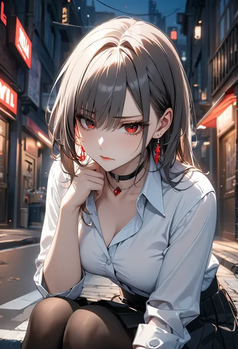 best quality, super_delicate, ultra detailed, beautiful, 8k , 1girl, red eyes, evil, looking down, street, sitting, business shirt, skirt, earrings, choker, black tights, nikke, night