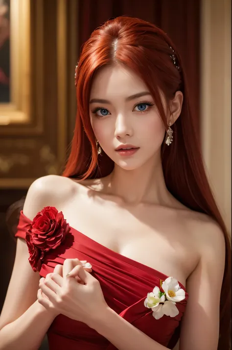 8k,Adult woman with red bushy hair,so beautiful(Like the real thing), strict, elegant, Red Dress, The enchanting aristocrat, silver element, Long nails, Exposing shoulders, Hairstyle, Beautiful expression,blue eyes, Messy, I am proud, Absurd, Elegant dress...