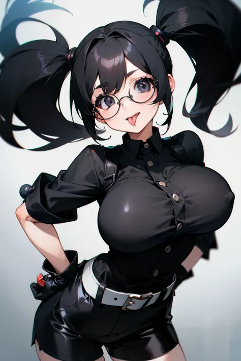 Cute girl, short black hair, black eyes, pigtails, Round glasses, tongue out of mouth, big breasts, short shorts, tight black clothes, black buttons, black gloves, black belt.