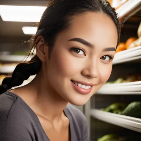 (Very close shot, zoomed in close-up face portrait:1.5) photo of a smirking, (closed mouth:1.5) curious curvy young 29 year old Mongolia woman with medium wavy braids black hair, grey wide eyes, narrow face, prominent nose, narrow jaw, thin mouth, arched b...