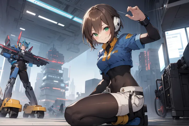 aile_megamanzx, kneeling with one hand on the ground and the other arm raised, 1girl, solo, short hair, brown hair, short sleeve...