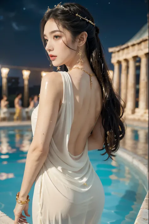 (((best quality))),(((ultra detailed))),(((masterpiece))),illustration,((1 beautiful girl,ancient greek princess,solo)),((earrings,crystal necklace)),(((sweat,wet,shiny skin))),((slim,thin)),(bare back:1.5),(Gorgeous sheer dress:1.3),(((luxurious pool,gran...