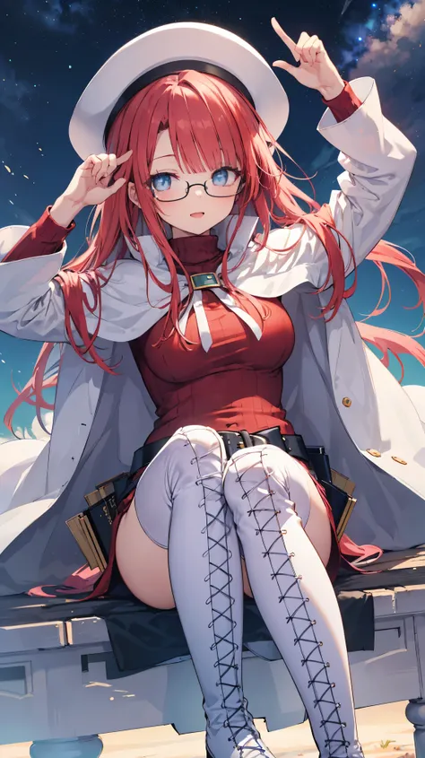 summonnightaty, aty, (young:1.3),long hair, blue eyes, red hair, big_tits, hat, glasses,
BREAK long hair, thighhighs, hat, dress, naked_legs, glasses, belt, cape, sweater, zettai ryouiki, beret, thigh boots, white footwear, ribbed sweater, loose belt,solo,...