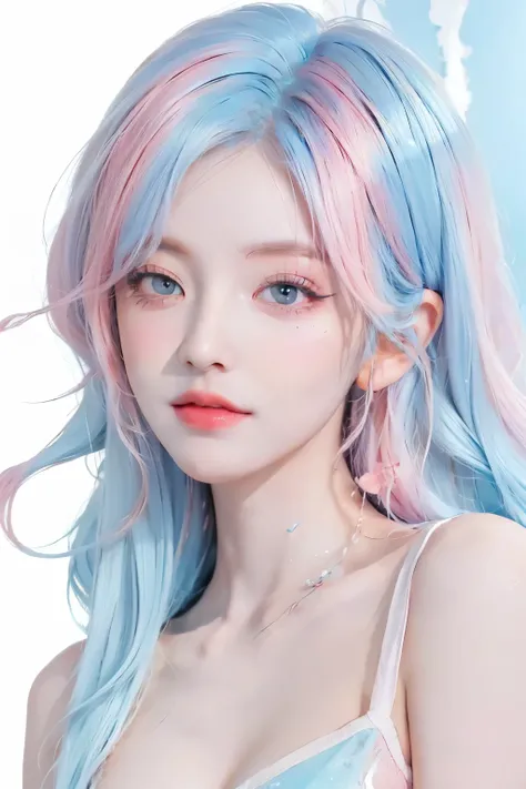 (masterpiece, best quality, high resolution), white background, Acrylic paint, ((color splash, ink stain, color splash)), sweet chinese girl, Long Sky blue hair, [Sky blue|pink] hair, Curly hair, glitter, Peach lips, white shirt, front, upper body