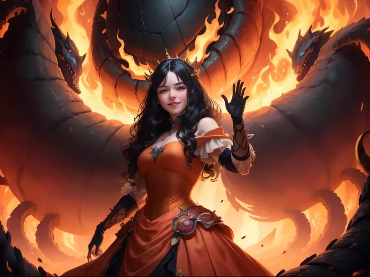 ((best quality)), ((masterpiece)), (detailed), A digital illustration of an injured long black haired woman standing victorious with furious smile with one hand raised with a giant monster made up of writhing worms getting destroyed in the background. She ...